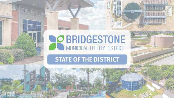 A collage featuring the Bridgestone Municipal Utility District Operations and Water Education Center, aerial views of water treatment facilities, and a central logo titled State of the District.