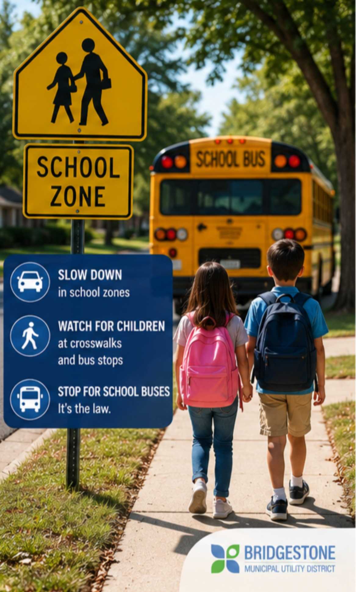 School zone safety poster showing two children with backpacks walking toward a school bus, alongside reminders to slow down, watch for children, and stop for school buses.