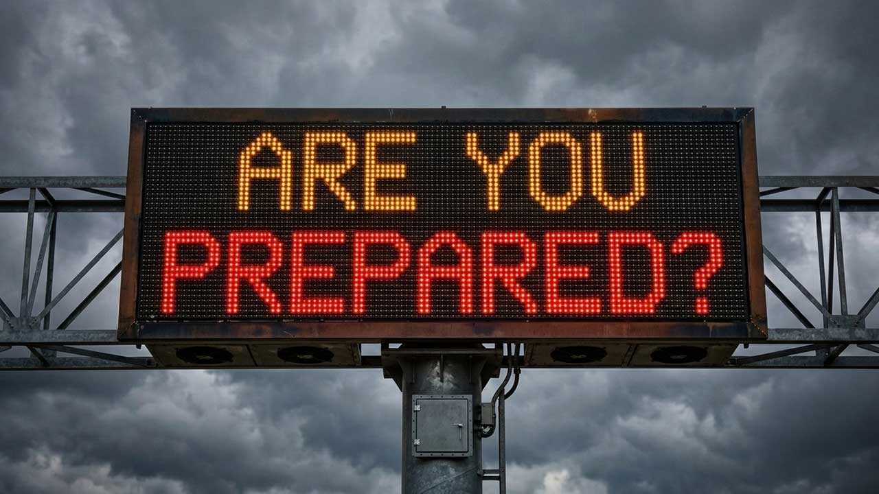 Electronic highway message board reading “ARE YOU PREPARED?” against dark storm clouds, promoting emergency preparedness before severe weather.