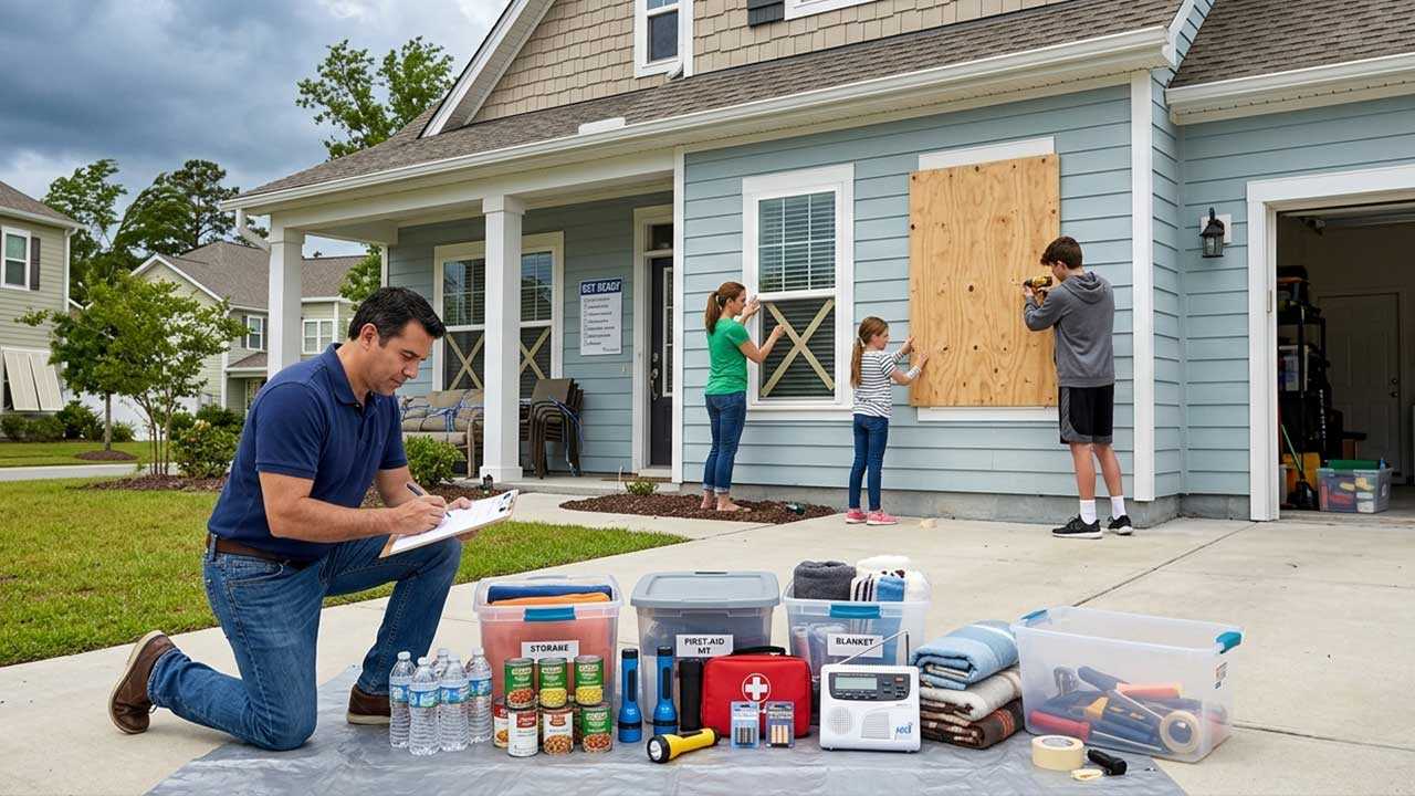Residents prepare a home for a storm by boarding windows and assembling an emergency supply kit in a driveway outside a house.