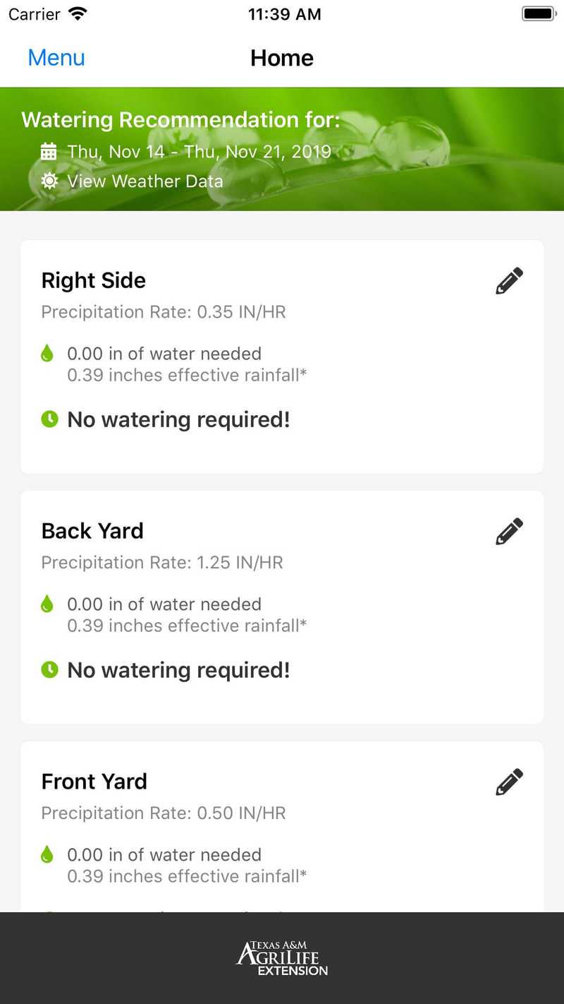 Screenshot of the Water My Yard app showing watering recommendations for three zones: Right Side, Back Yard, and Front Yard. All zones indicate no watering is required due to effective rainfall.